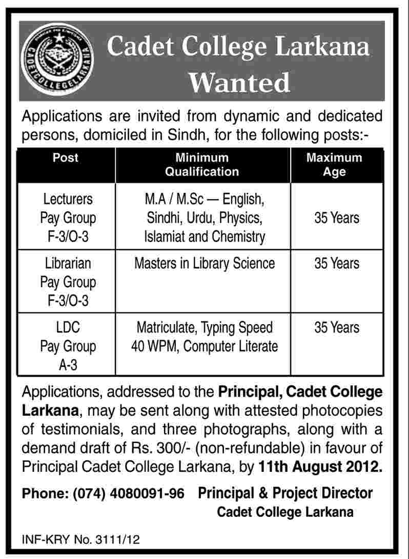 Cadet College Larkana Requires Teaching and Non-Teaching Staff