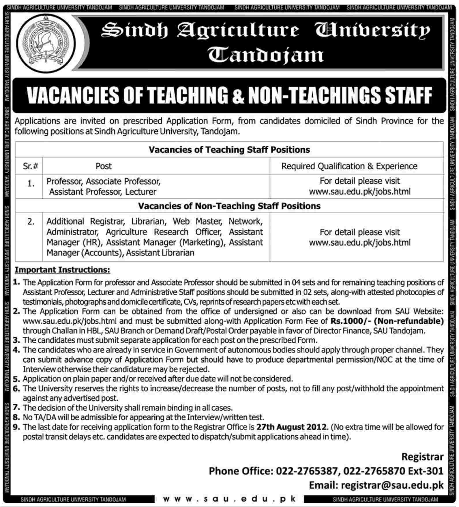 Teaching and Non-Teaching Staff Required at Sindh Agricultural University Tandojam
