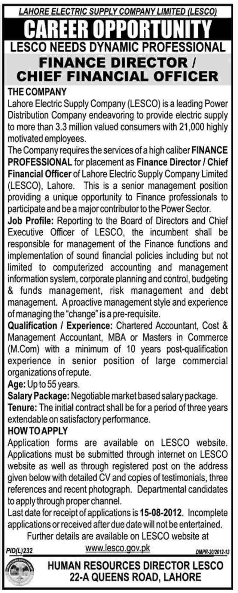 LESCO Lahore Electric Supply Company Limited Requires Chief Financial Officer (Government Job)