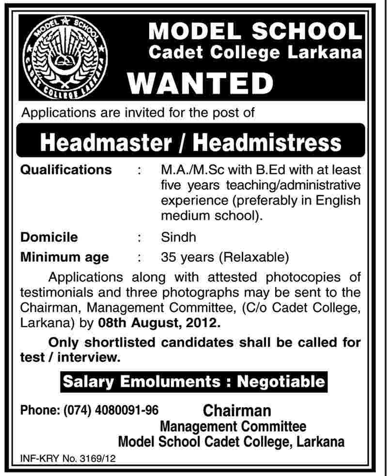 Head Master/ Head Mistress Required for Model School Cadet Collge Larkana