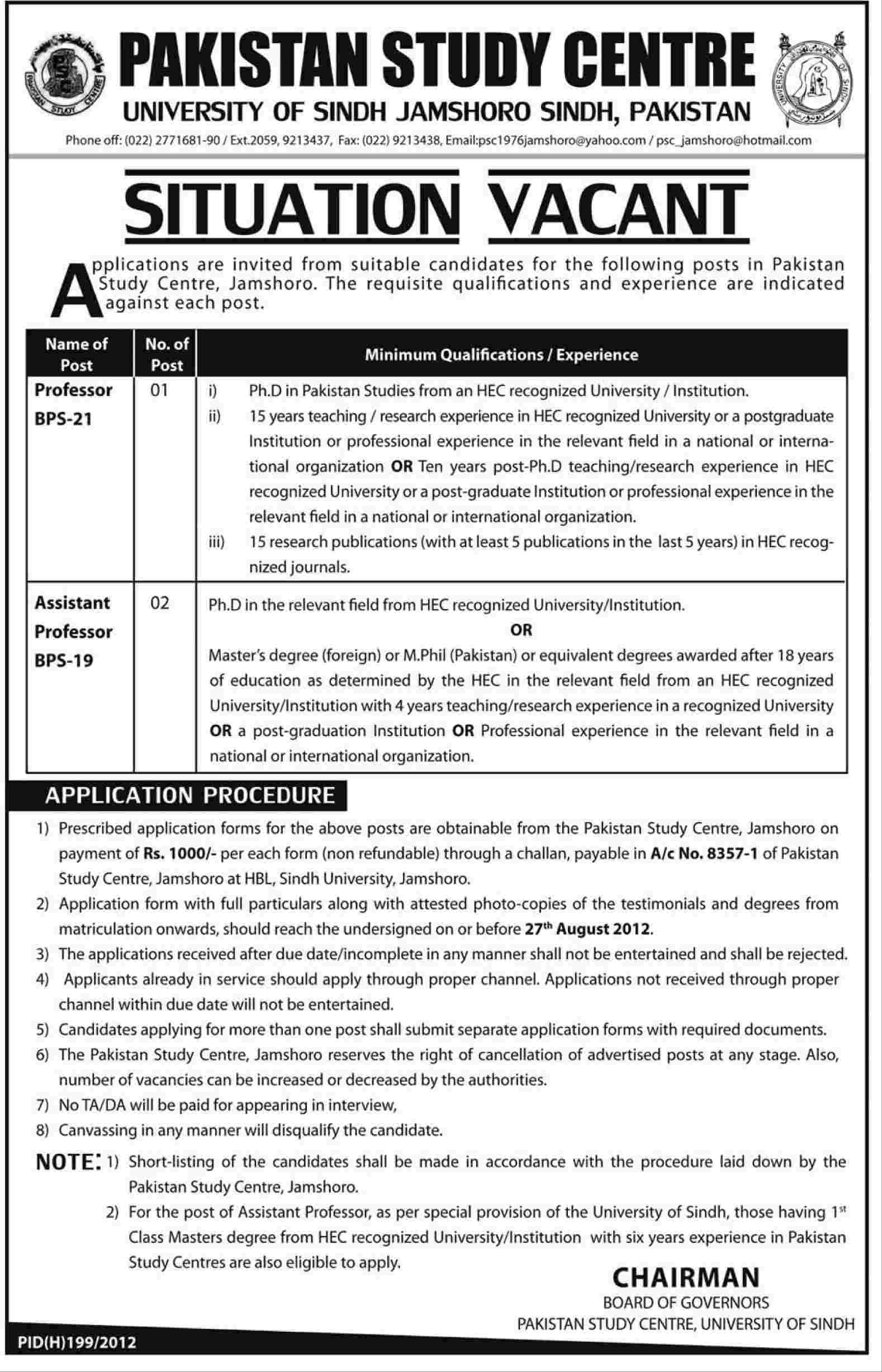 Teaching Faculty Required by Pakistan Study Centre, University of Sindh (Government Job)