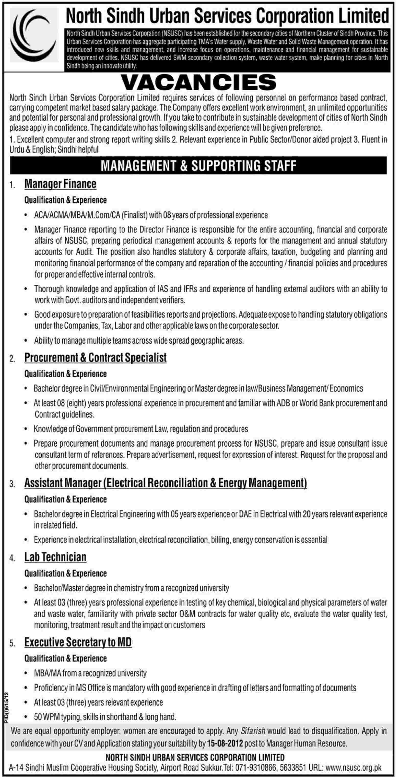 North Sindh Urban Services Corporation Limited Requires Management & Supporting Staff
