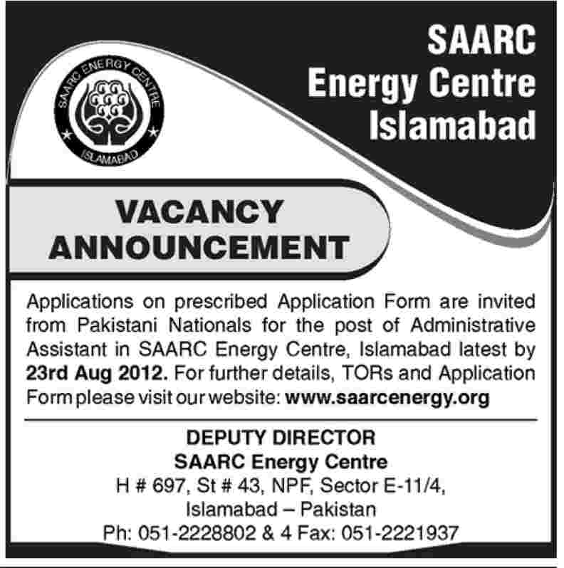 SAARC Energy Centre Islamabad Requires Administrative Assistant