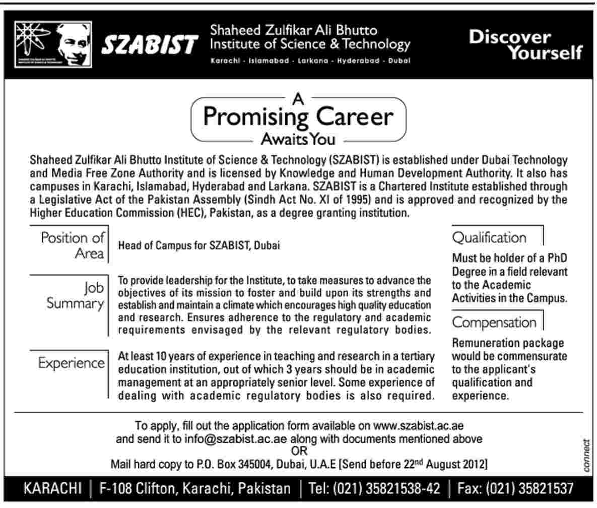 SZABIST Requires Head of Campus for its Dubai Campus