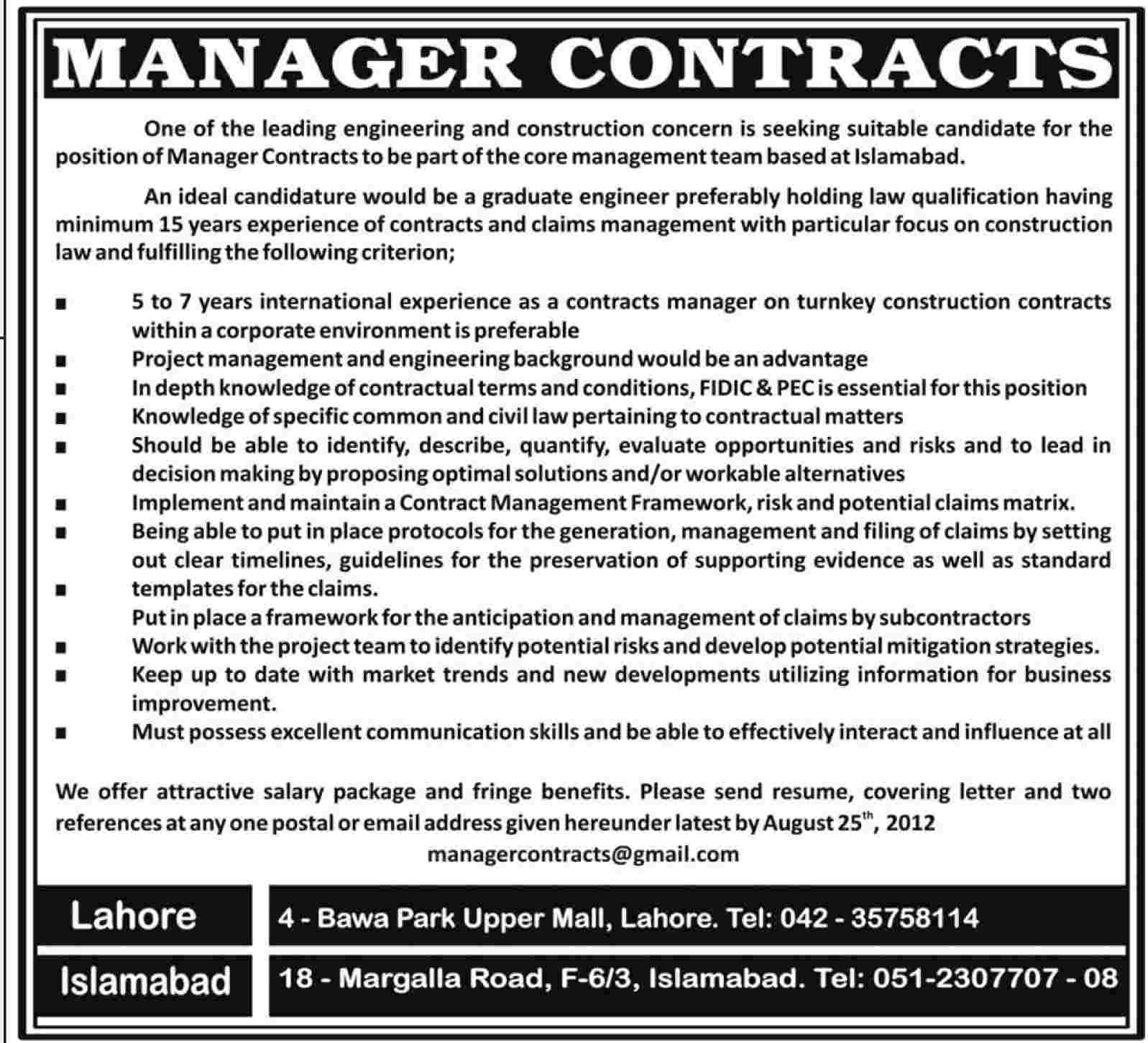 An Engineering and Construction Company Requires Manager Contract