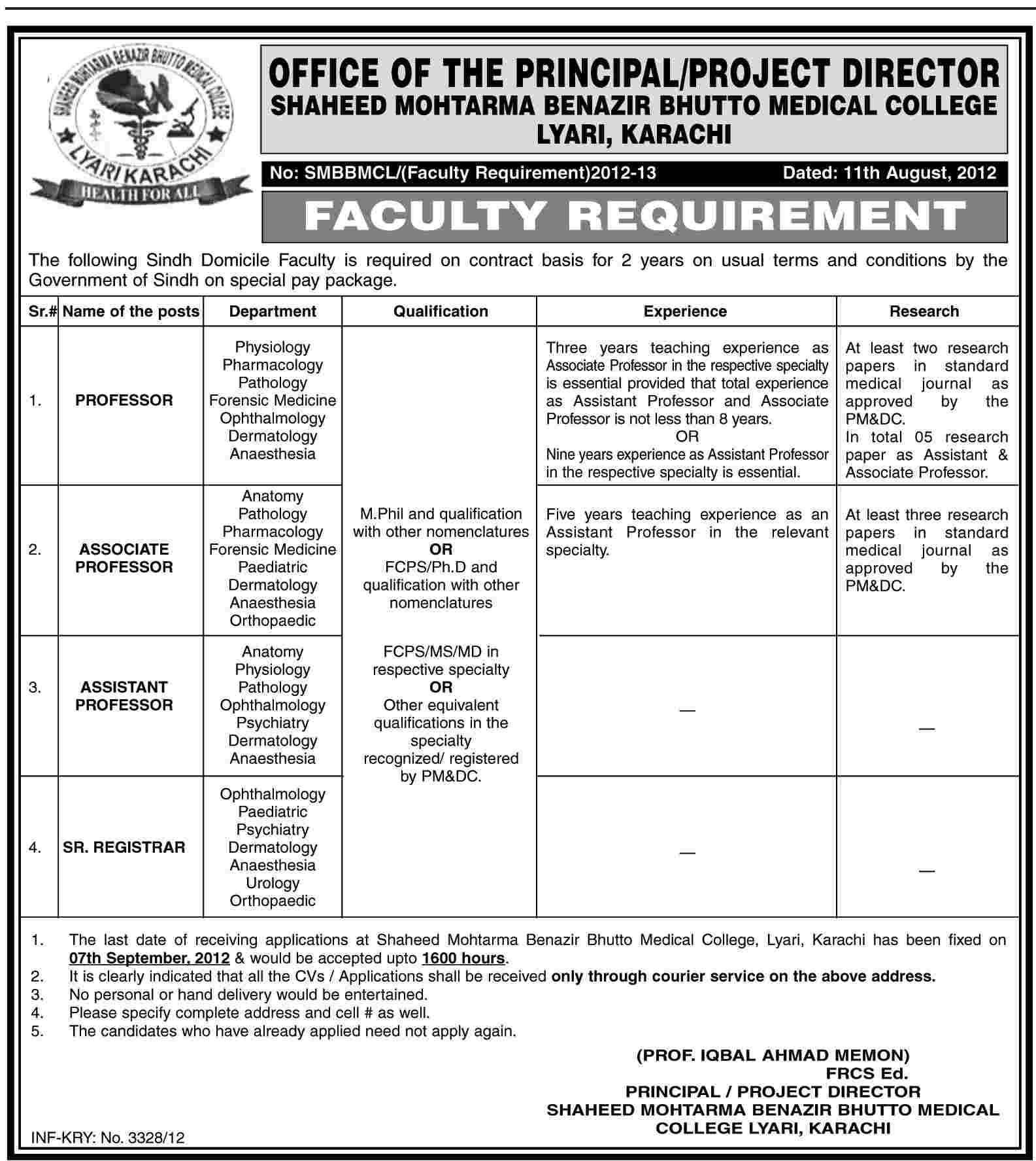 Shaheed Mohtarma Benazir Bhutto Medical College Lyari Requires Medical Teaching Faculty (Government Job)