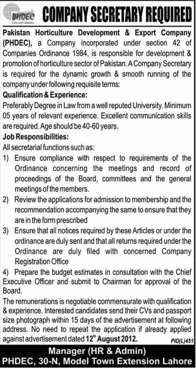 PHDEC Pakistan Horticulture Development & Export Company Requires Company Secretary