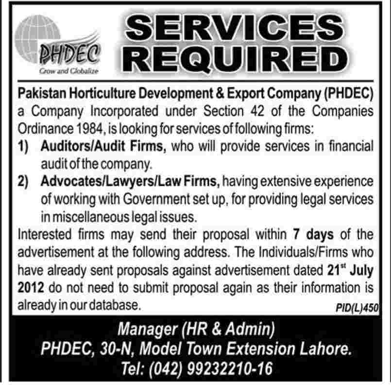PHDEC Pakistan Horticulture Development & Export Company Requires Auditors and Lawyers