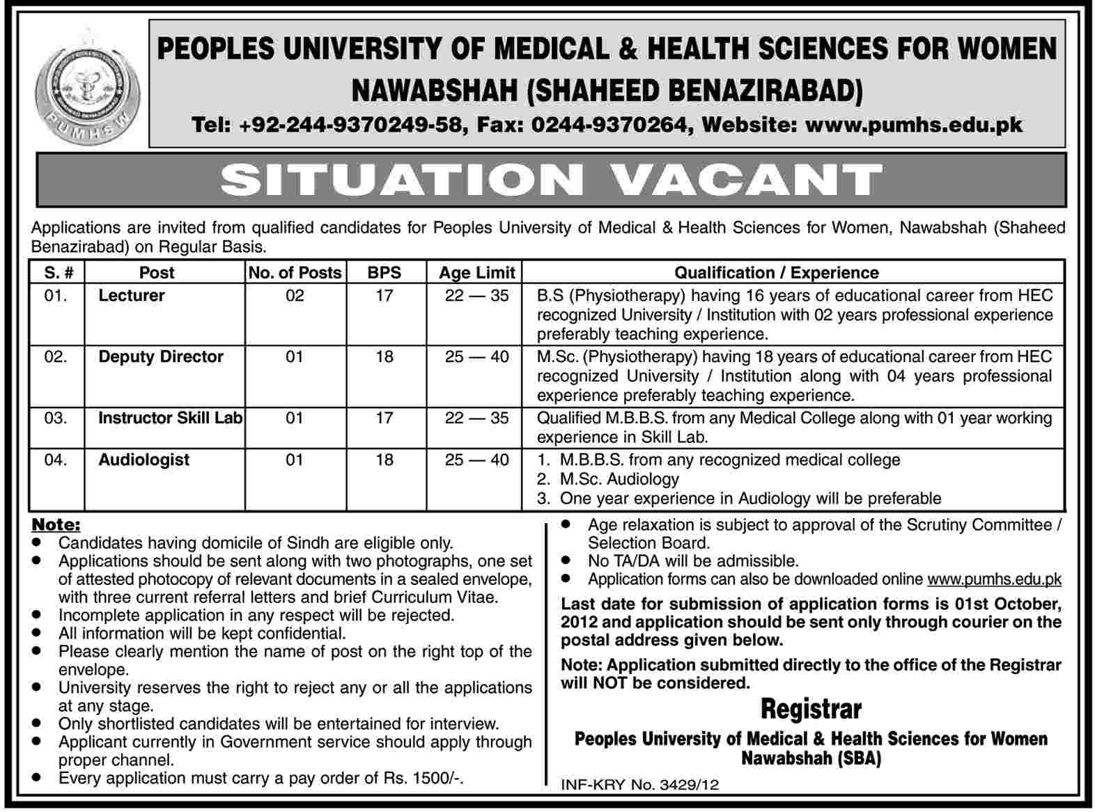Peoples University of Medical And Health Sciences for Women (PUMHS) Requires Teaching and Non-Teaching Staff (Government Jobs)