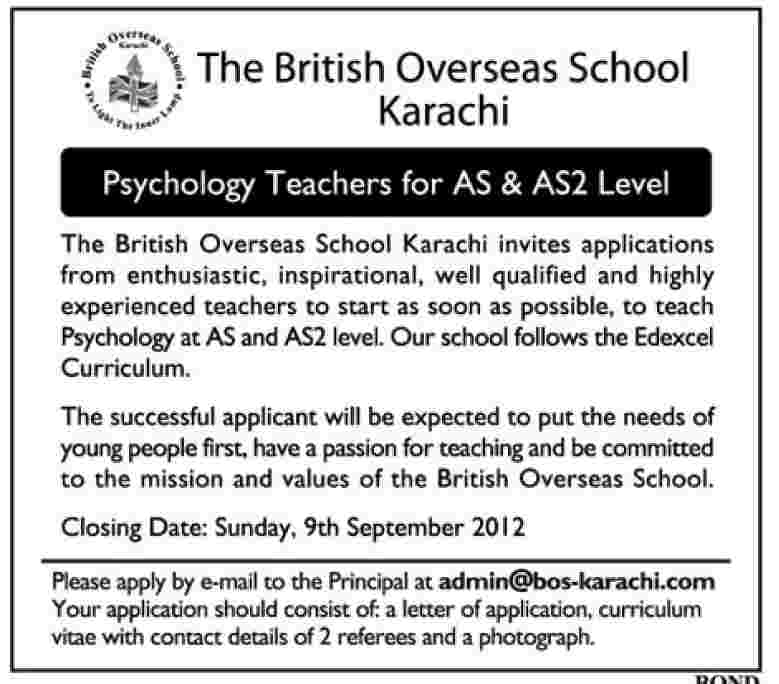Psychology Teacher Required for The British Overseas School