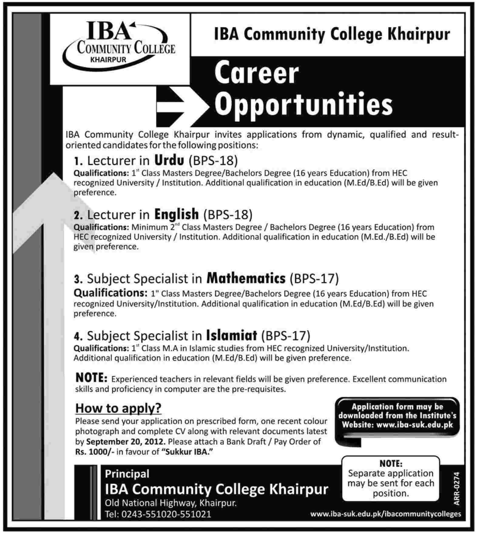 IBA Community College Khairpur Requires Teaching Faculty