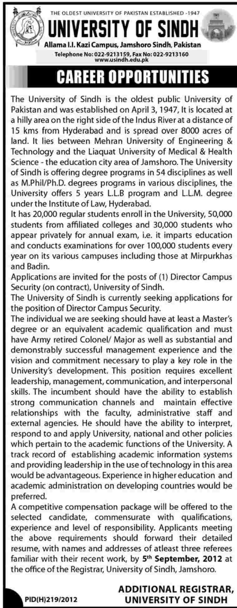 University of Sindh Requires Director Campus Security (Government Jobs)