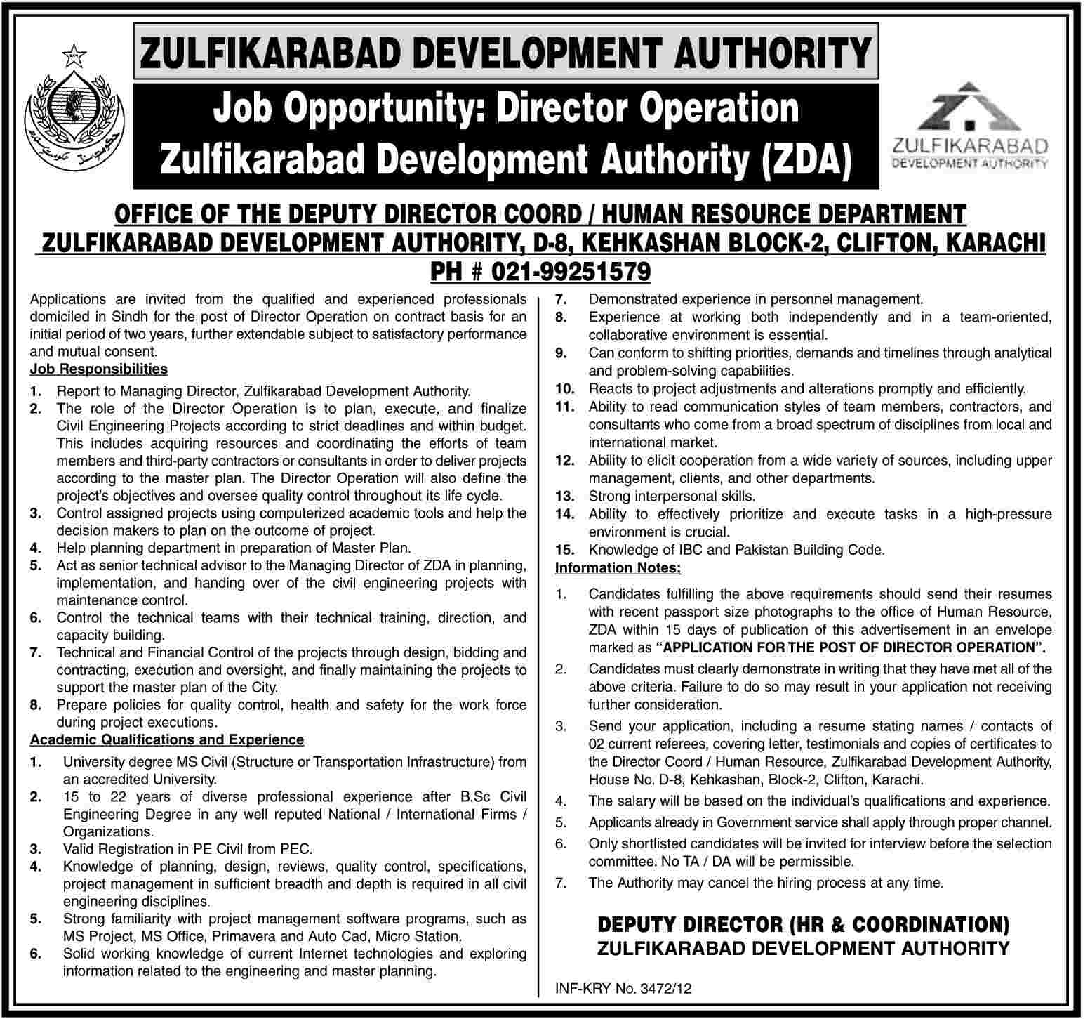 Zulfikarabad Development Authority ZDA Requires Director Operations (Government Job)