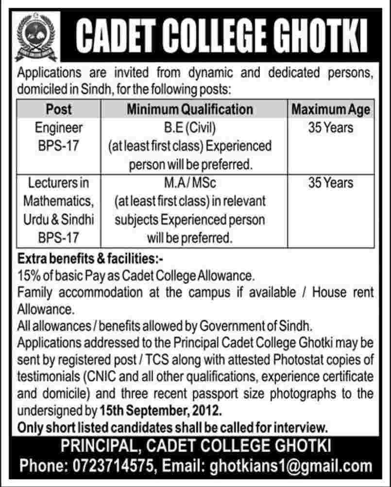 Cadet College Ghotki Require Civil Engineer and Teaching Staff (Government Job)
