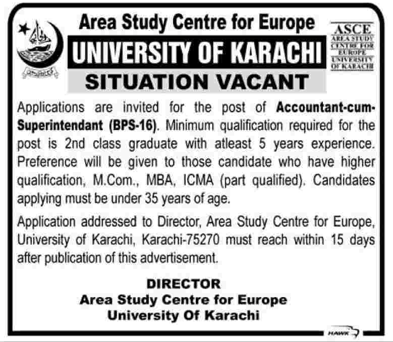 University of Karachi ASCE Requires Accountant-cum-Superintendant (Government Job)