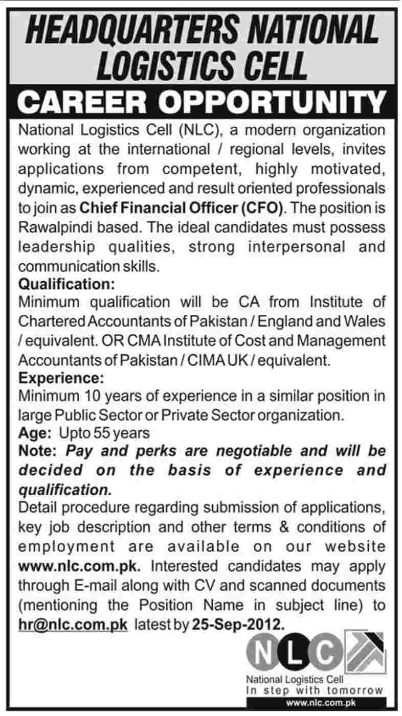 Headquarters National Logistics Cell (NLC) Requires Chief Financial Officer (Government Job)