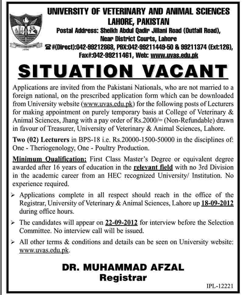 University of Veterinary and Animal Sciences Lahore Requires Teaching Staff (Government Job)