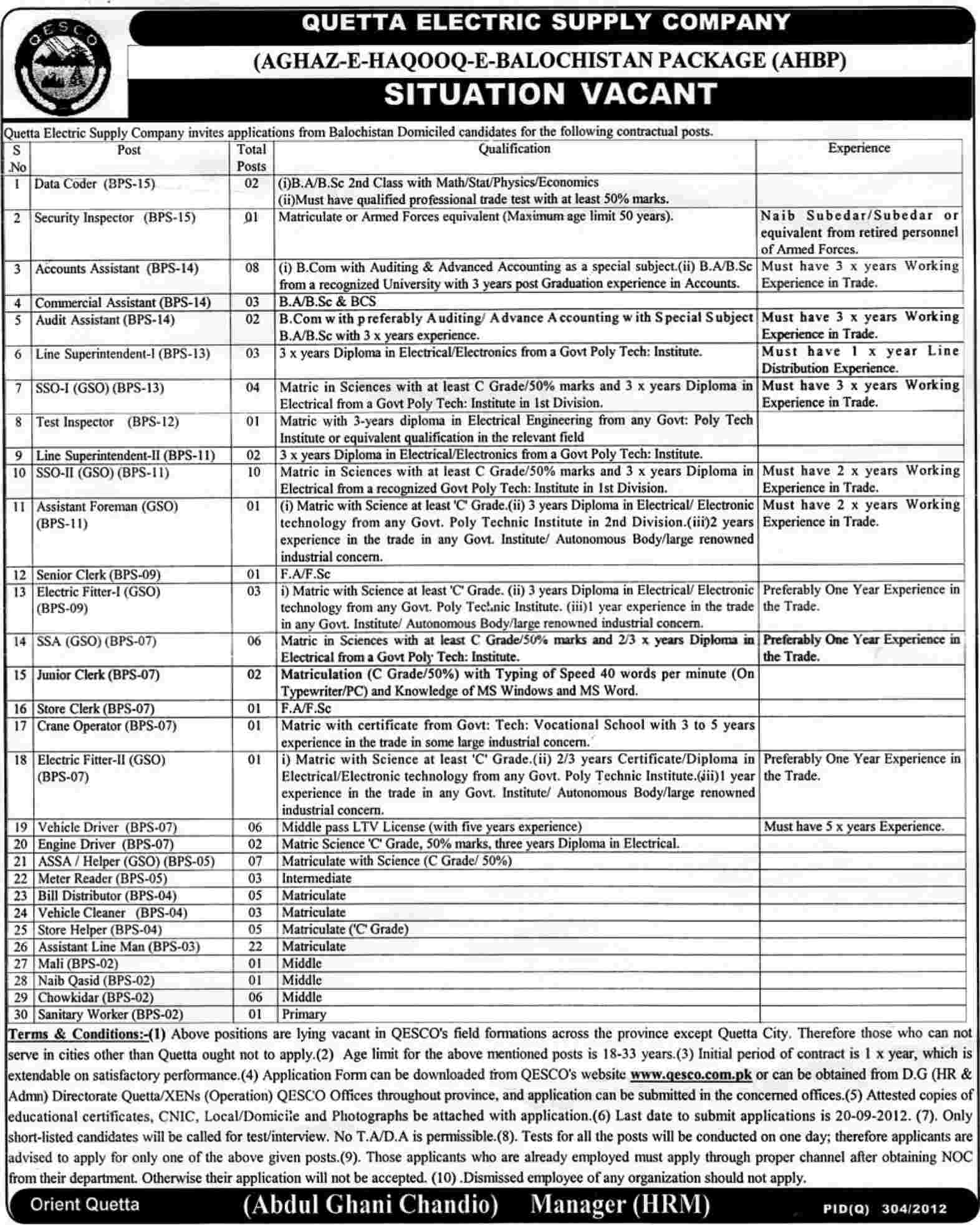 Quetta Electric Supply Company (QESCO) Requires Staff Under AHBP Aghaz-e-Haqooq-e-Balochistan Package (Government Job)