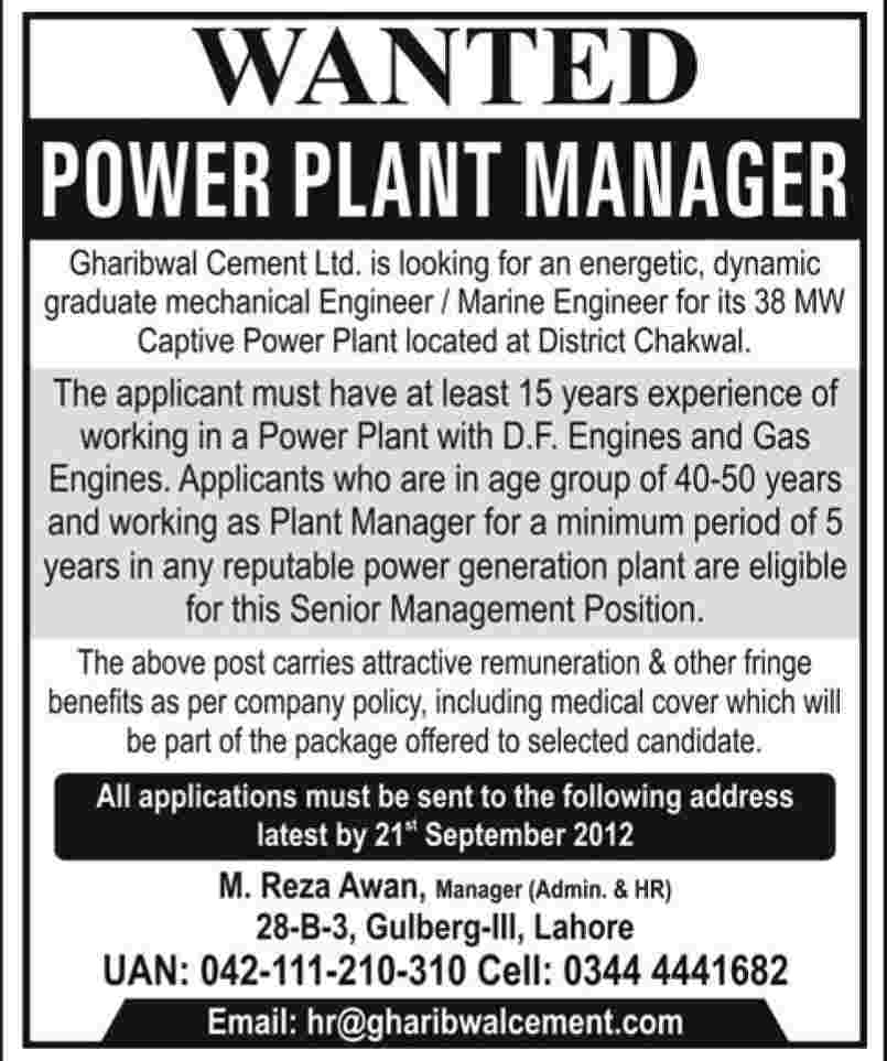 Power Plant Manager Required by Gharibwal Cement Company