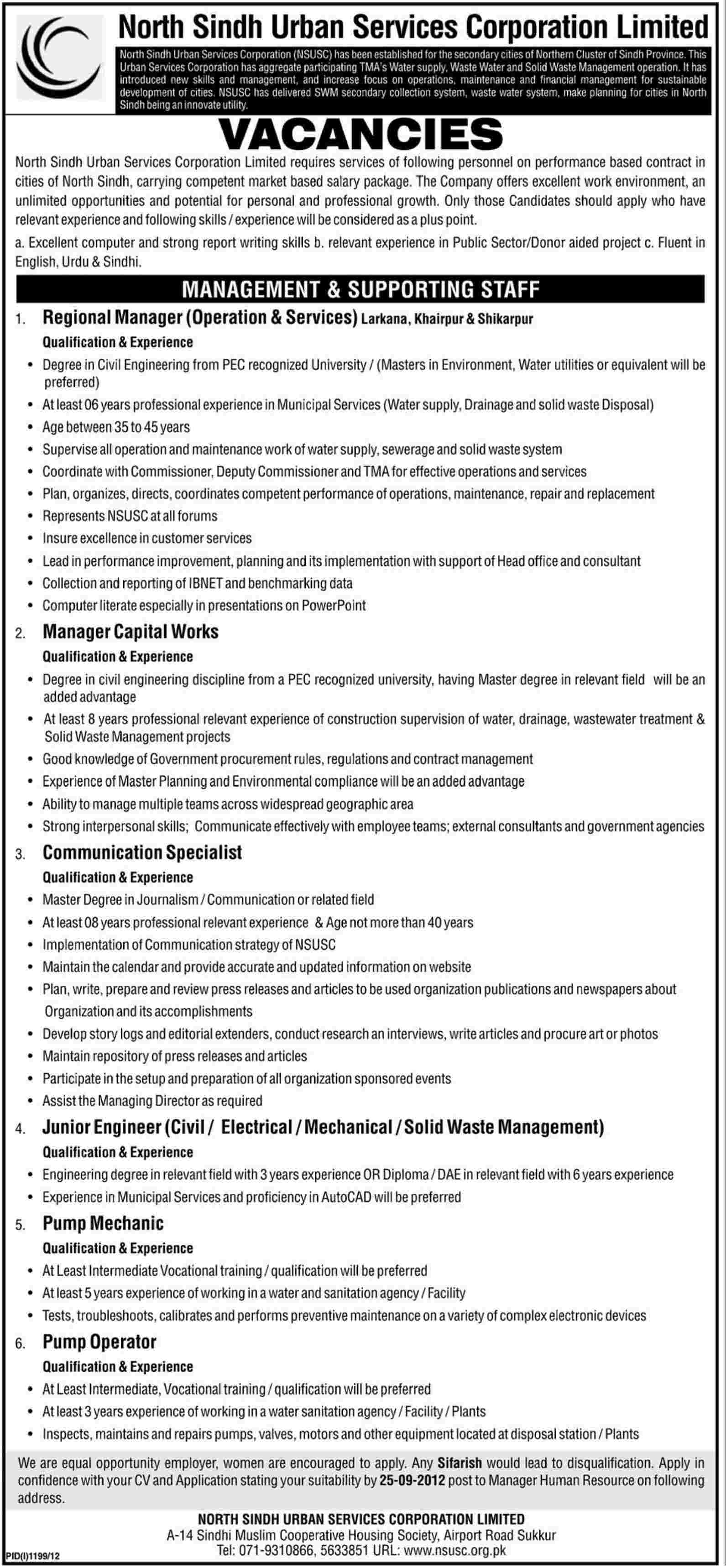 North Sindh Urban Services Corporation Limited Requires Management & Supporting Staff
