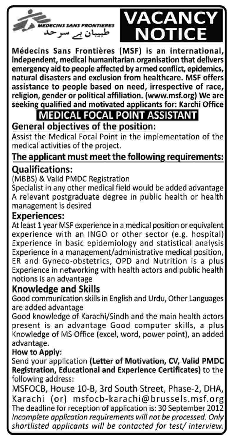 MSF Medecins Sans Frontiers (MSF) Requires Medical Focal Point Assistant (NGO Job)