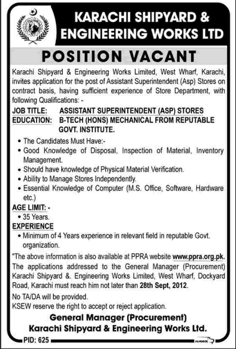 Karachi Shipyard & Engineering Works Limited KSEW Requires Assistant Superintendant Stores (Government Job)
