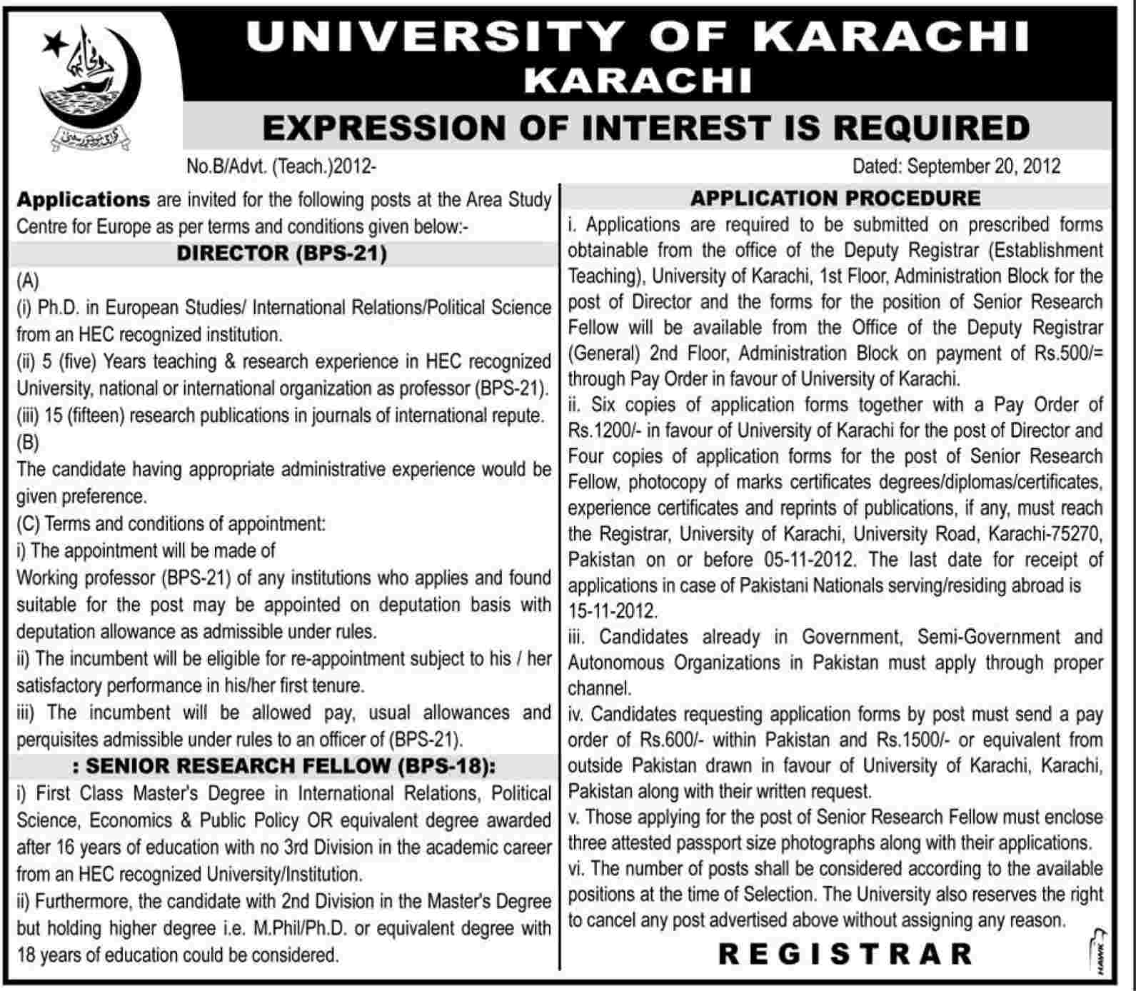 University of Karachi Requires Director and Senior Research Fellow (Government Job)