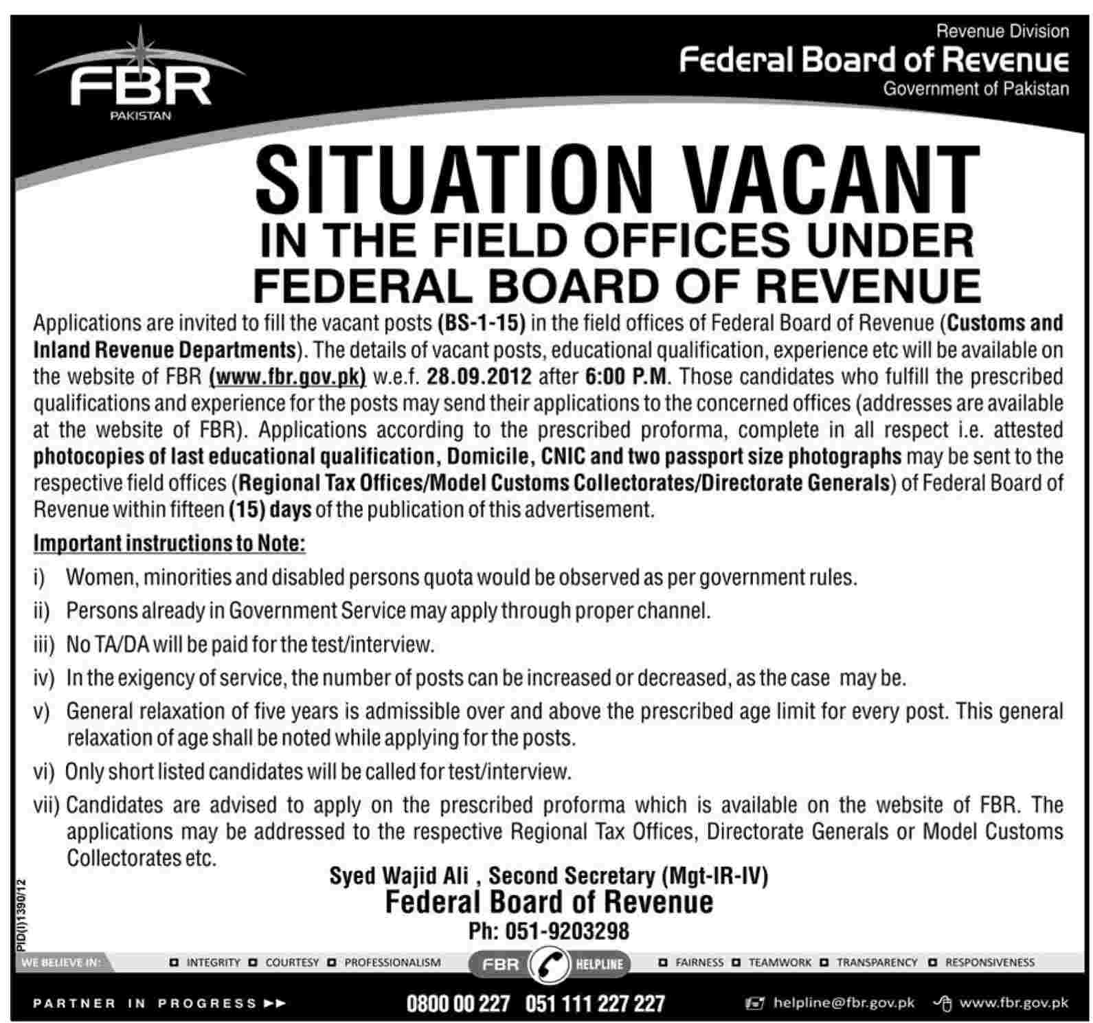 FBR Federal Board of Revenue Requires Staff for Customer and Inland Revenue Departments (Government Job)