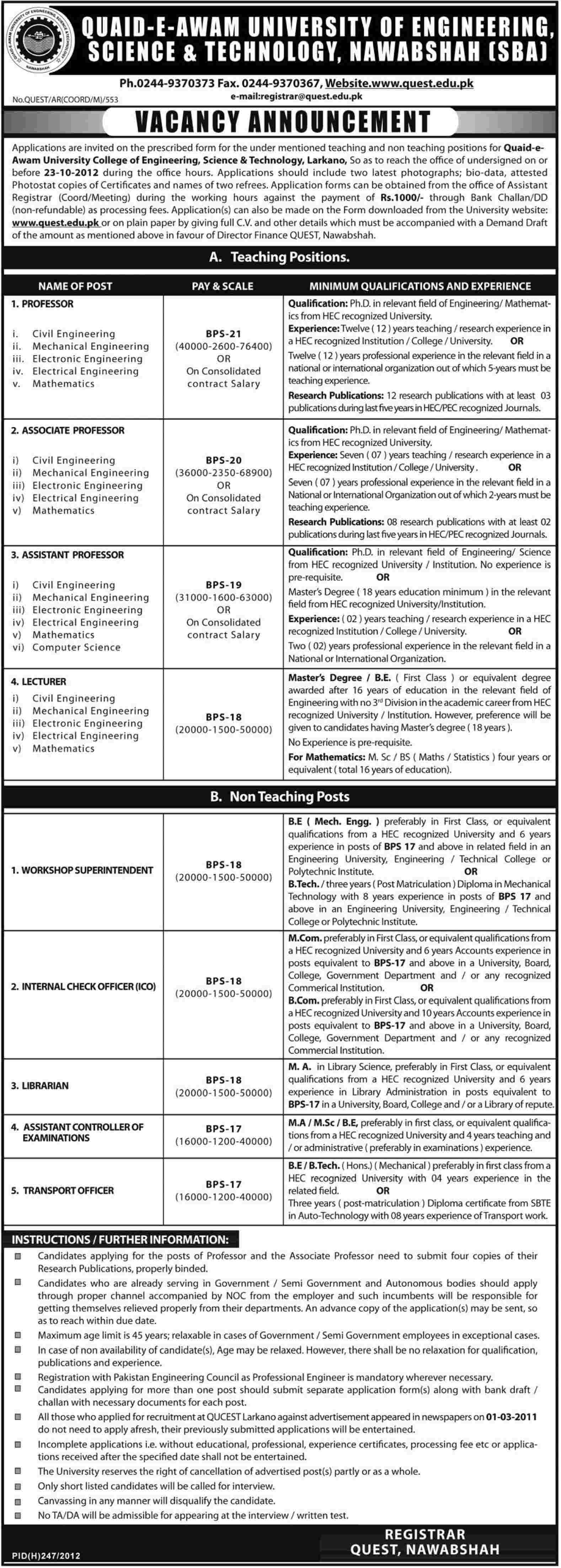 QUEST Quaid-e-Awam University of Engineering, Science and Technology Requries Teaching and Non-Teaching Faculty (Government Job)