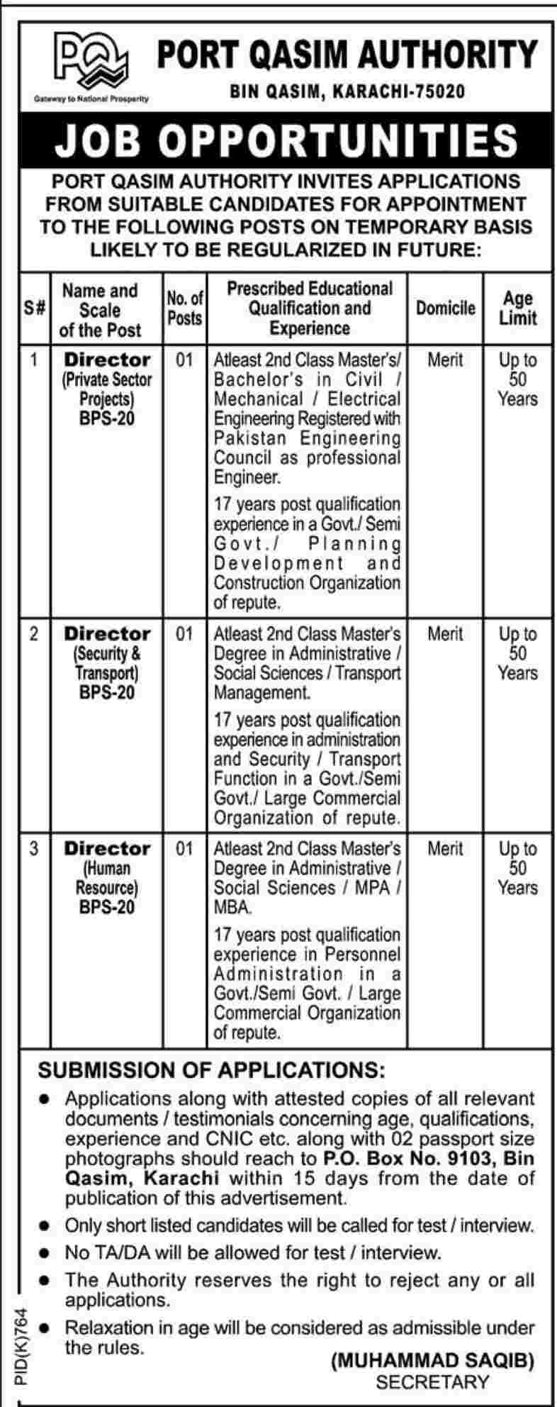 Port Qasim Authority Requires Directors HR, Security and Private Sector Projects (Government Job)