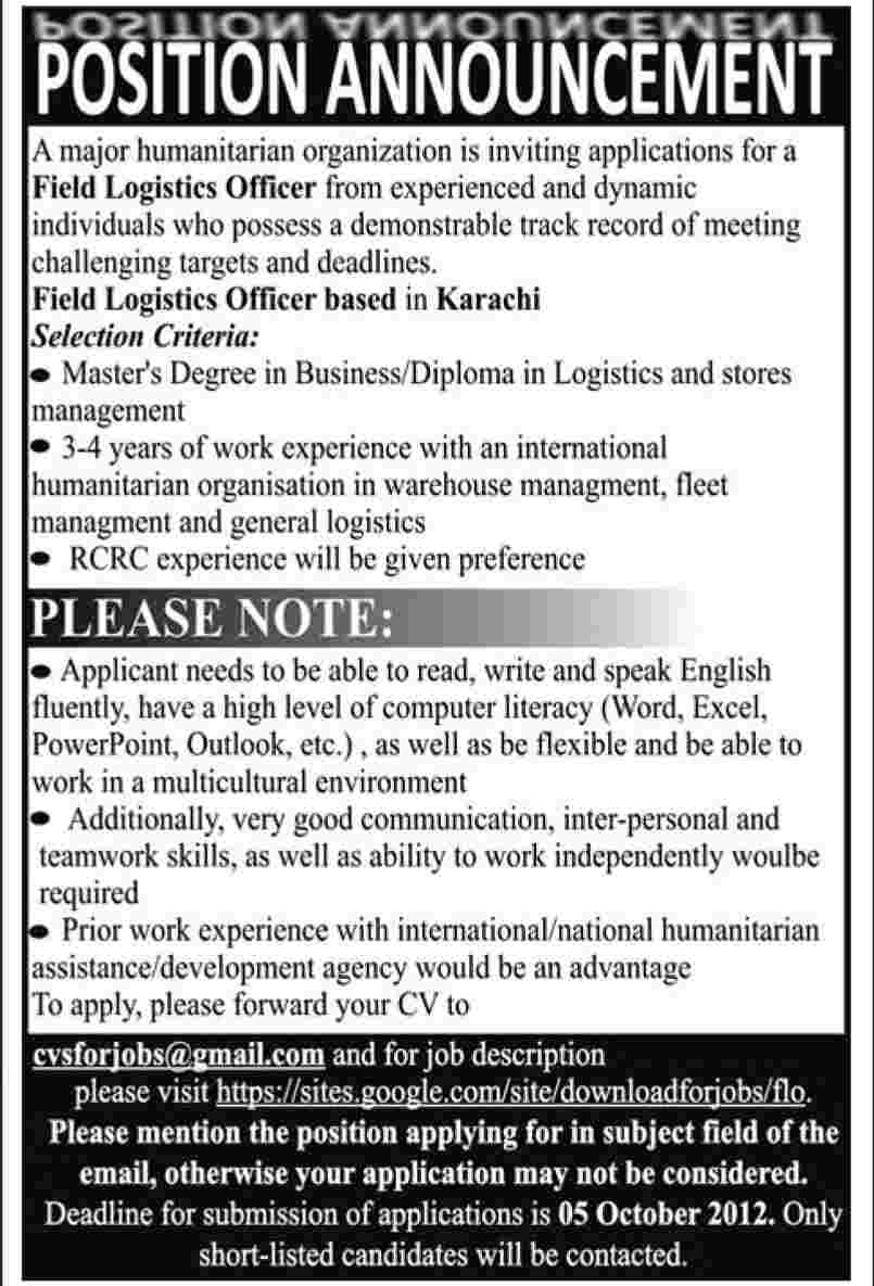 An NGO Requires Field Logistics Officer (NGO Job)