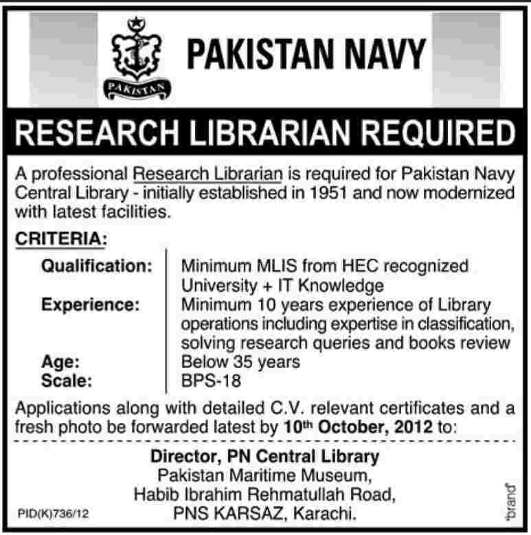 Pakistan Navy Requires Research Librarian (Government Job)