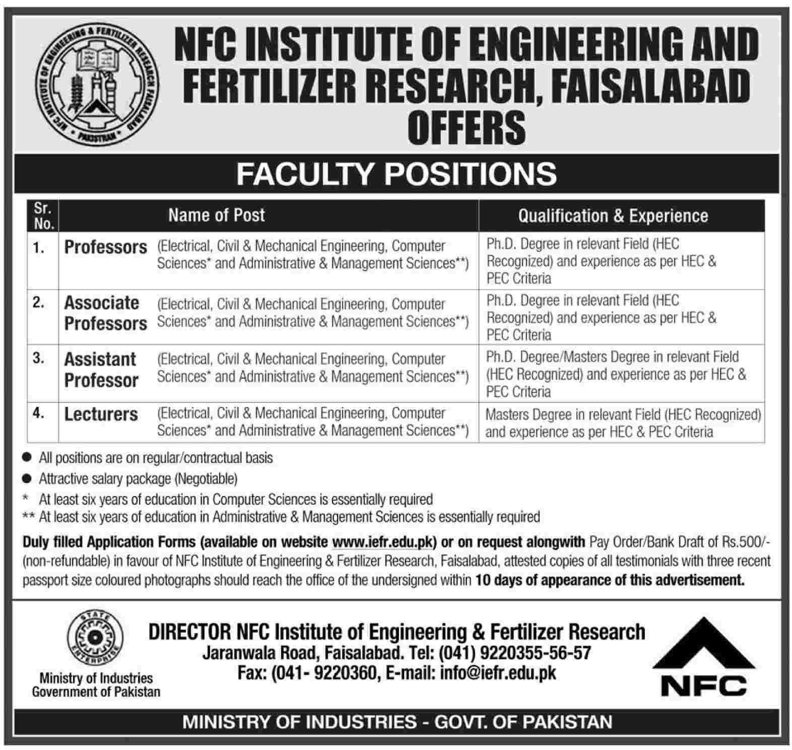 NFC Institute of Engineering and Fertilizer Research Requires Teaching Faculty