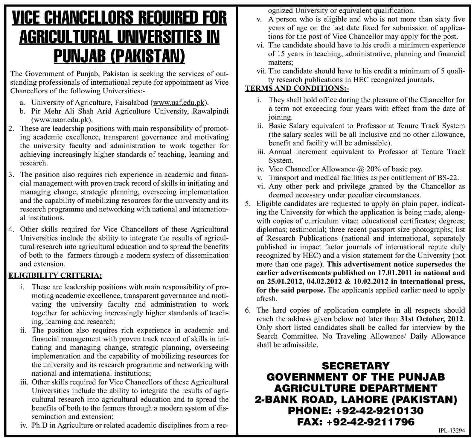 Vice Chancellors Required for Agricultural Universities in Punjab (Pakistan) (Government Job)