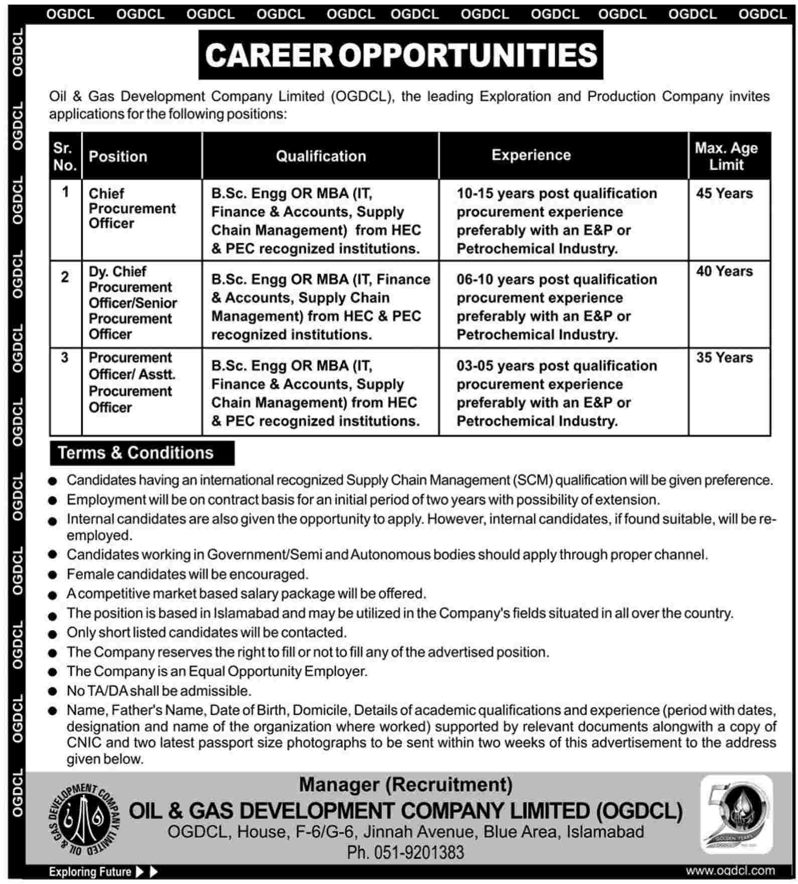 OGDCL Oil and Gas Development Company Limited Requires Management Staff (Oil and Gas Sector Jobs)