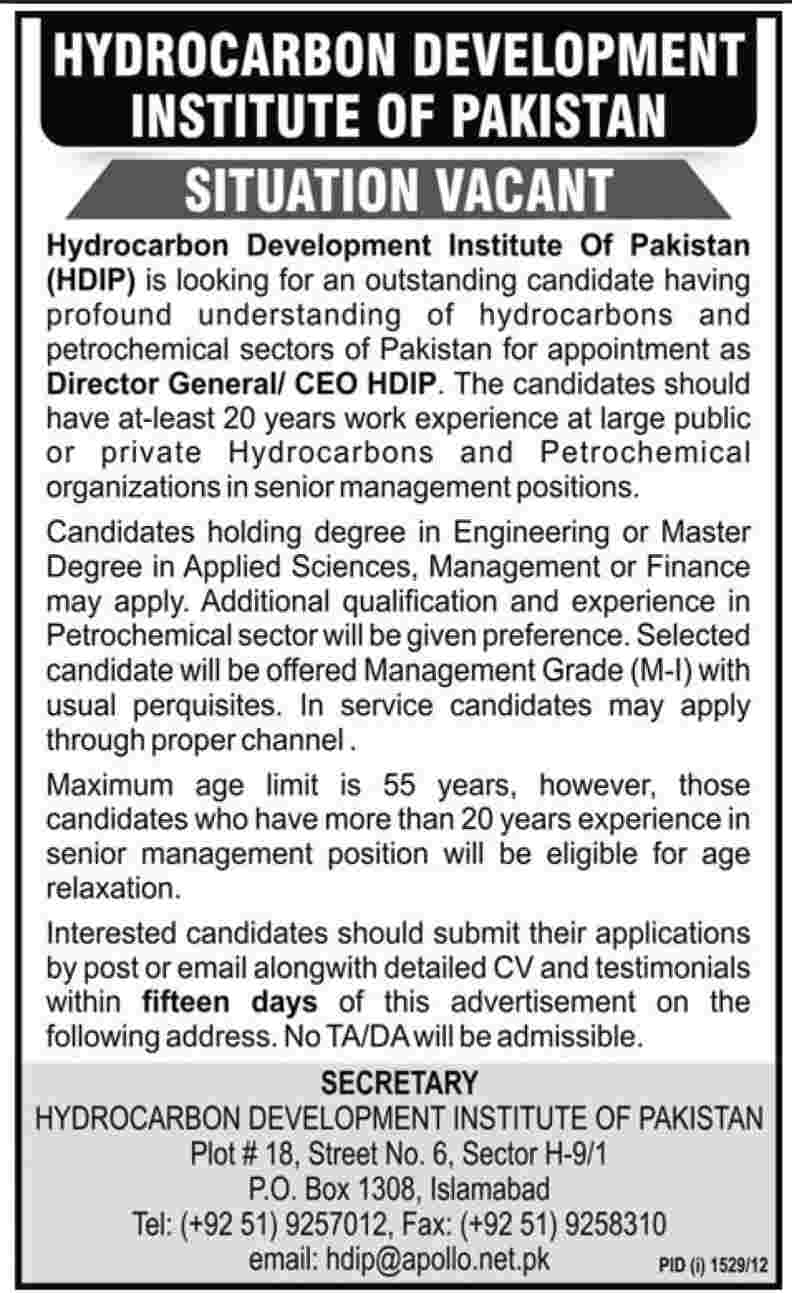 Hydrocarbon Development Institute of Pakistan (HDIP) Requires Director General