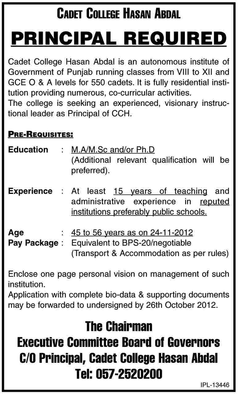 Principal Required by Cadet College Hasan Abdal (CCH)