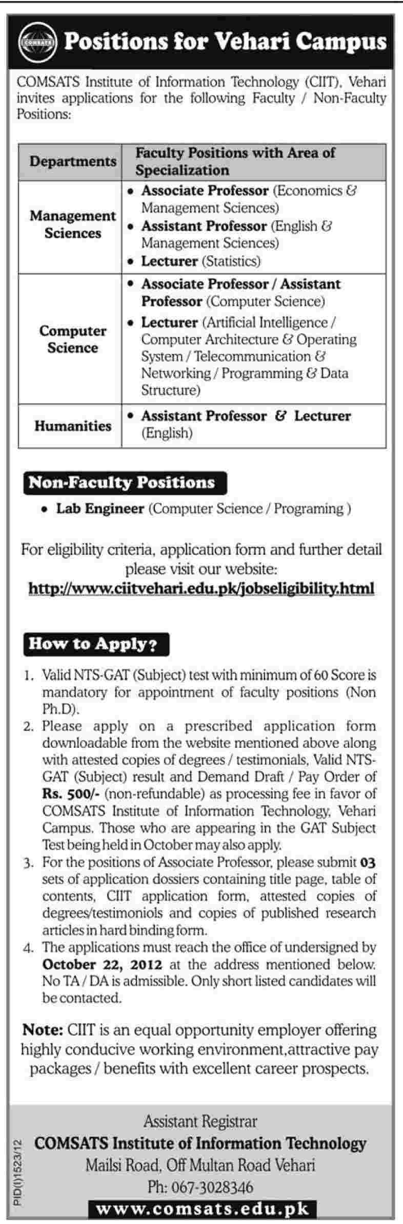 COMSATS Institute of Information Technology (CIIT) Faculty and Non-Faculty Jobs