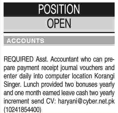 Assistant Accountant Required in a Company