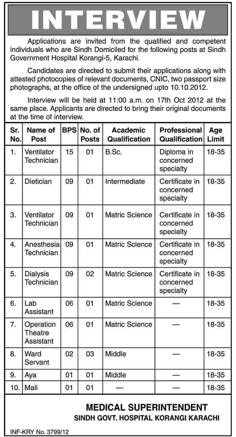 Sindh Government Hospital, Korangi Needs Medical Technicians and Other Staff