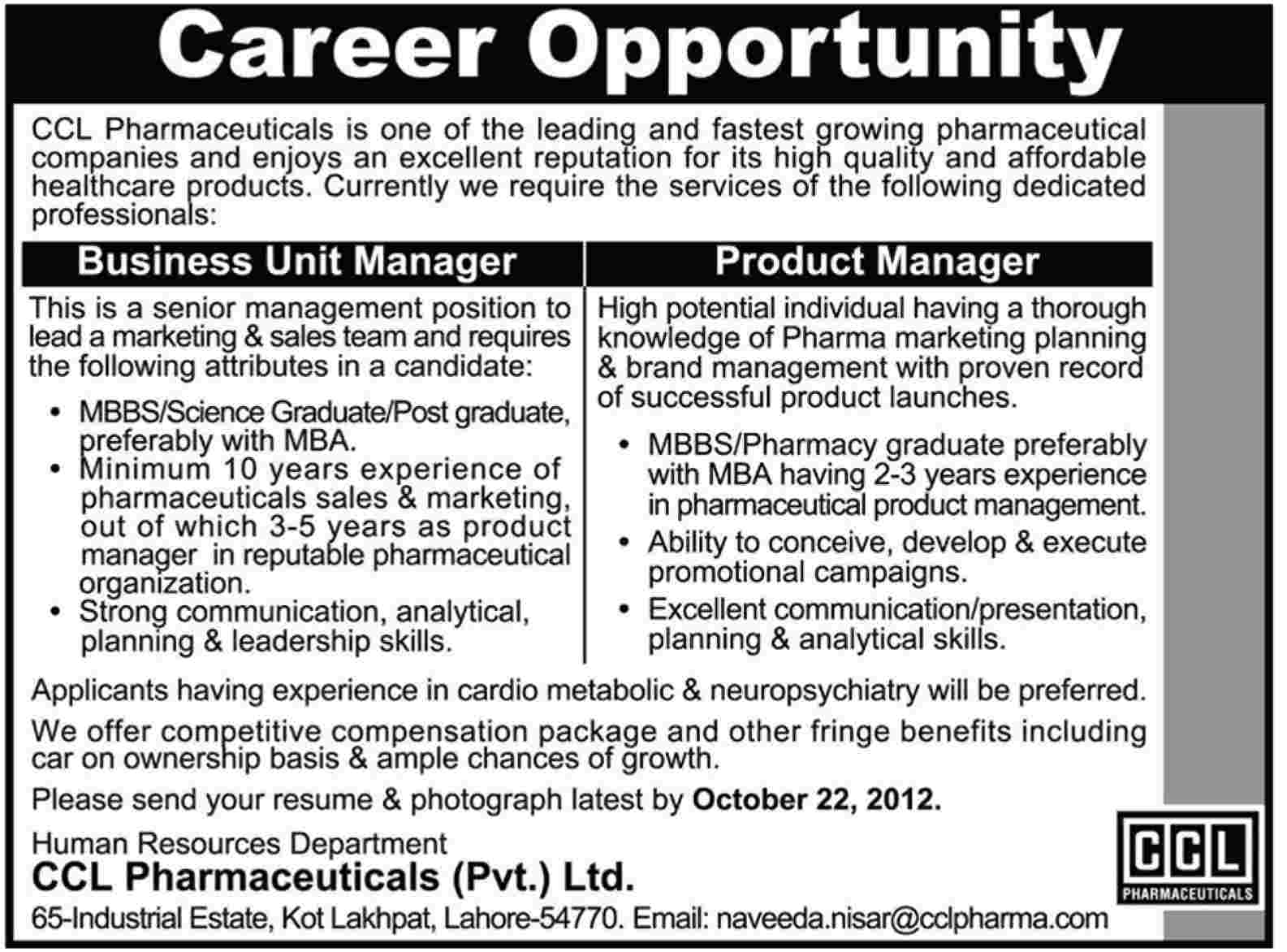 Jobs in CCL Pharmaceuticals
