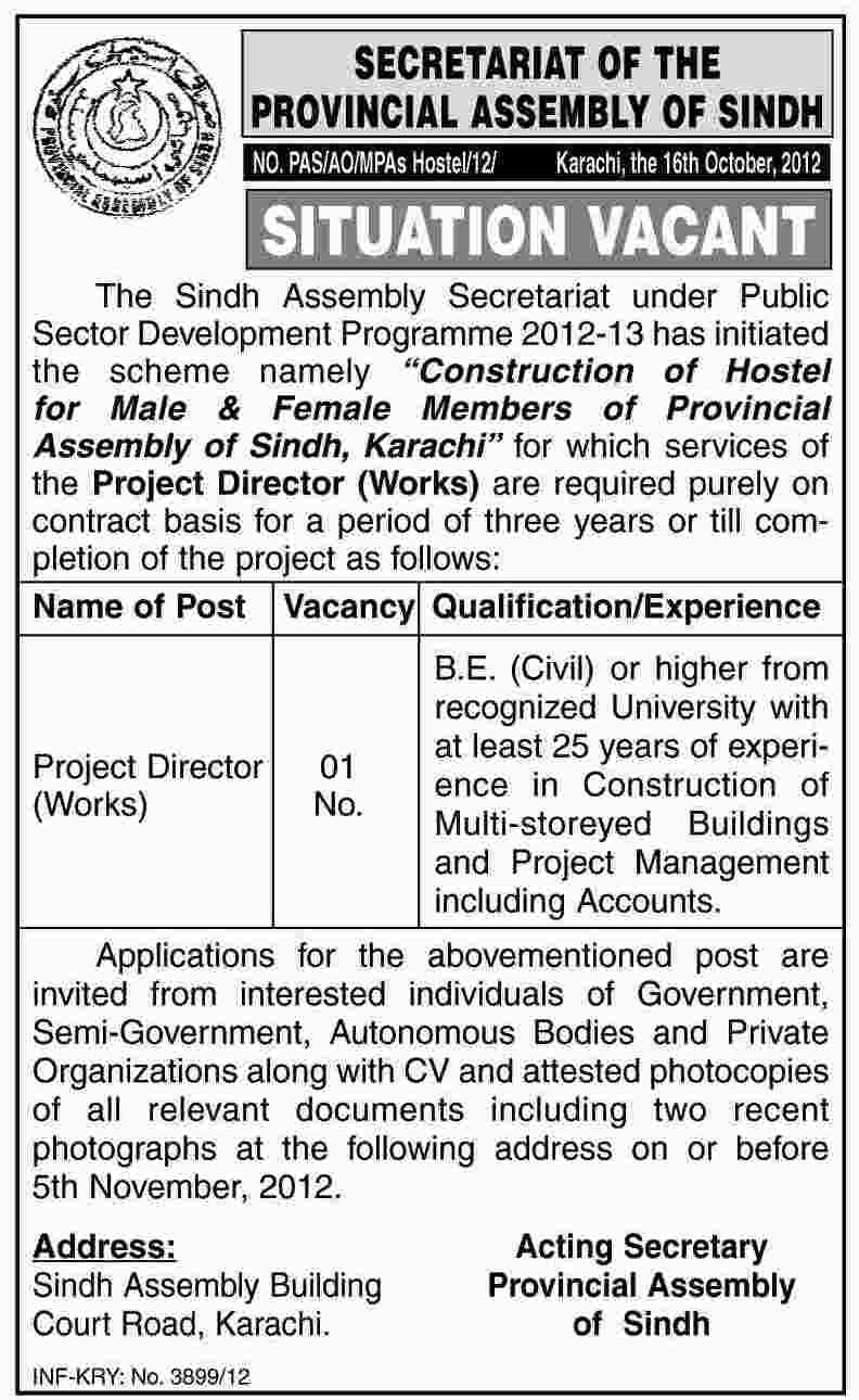 Project Director Jobs in Secretariat of the Provincial Assembly of Sindh