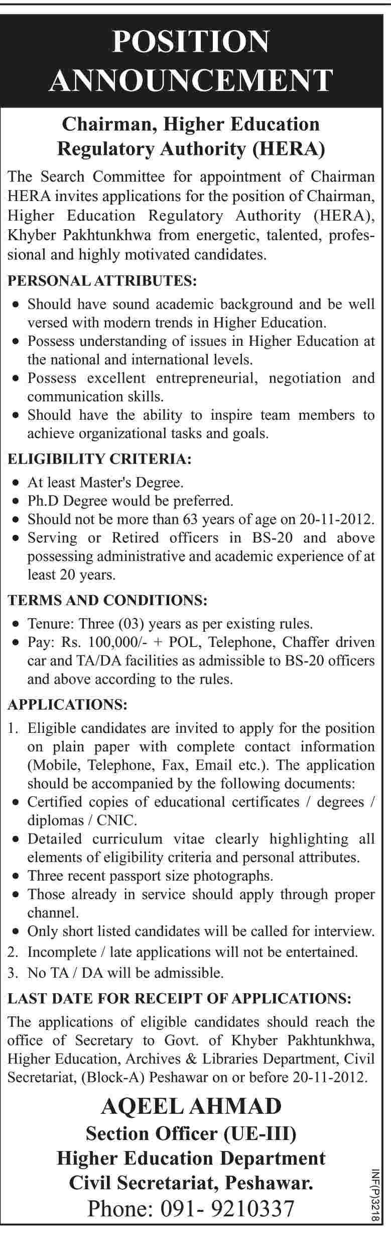 Chairman Higher Education Regulatory Authority HERA Vacancy