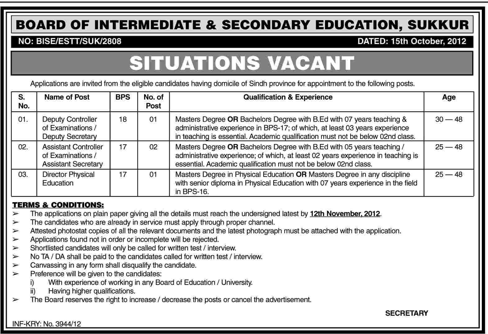 BISE Sukkur Jobs