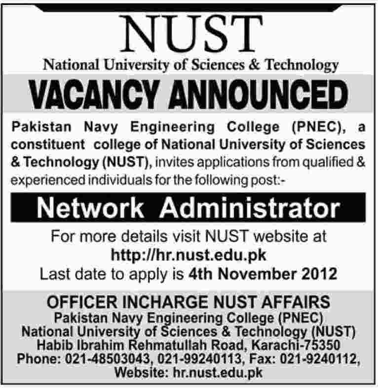 Network Administrator Job at PNEC - NUST Karachi
