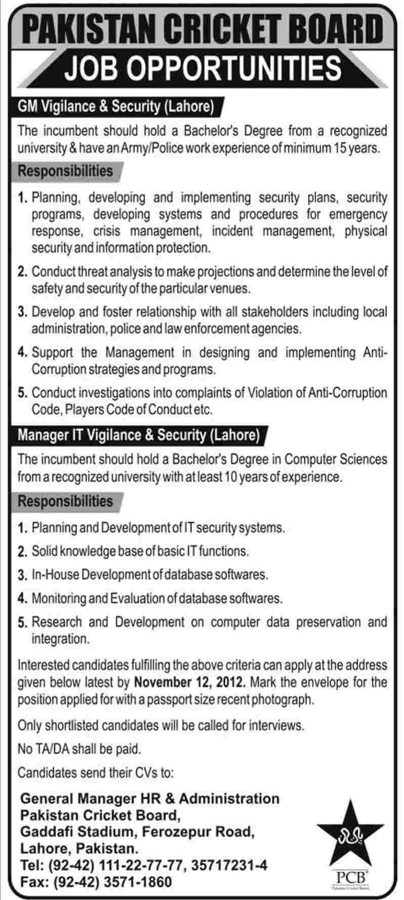 Managing Jobs in Pakistan Cricket Board (PCB)