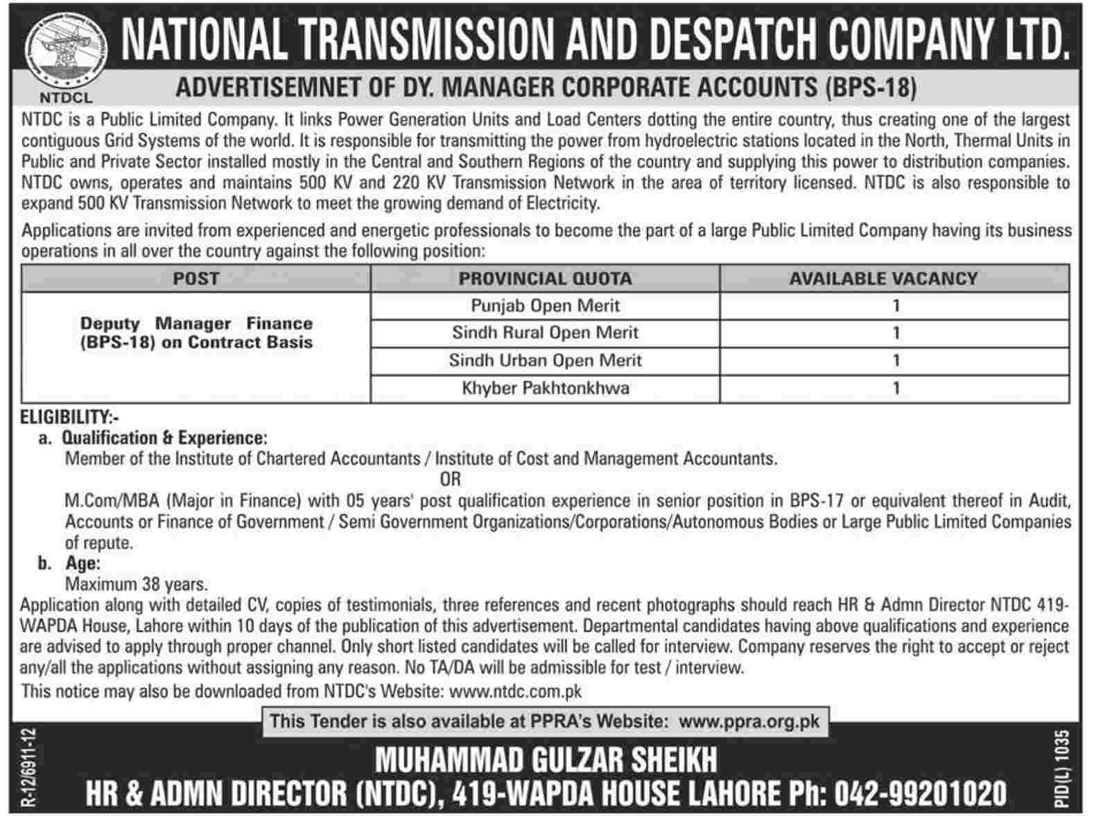 Deputy Manager Finance Required in National Transmission and Dispatch Company Ltd.
