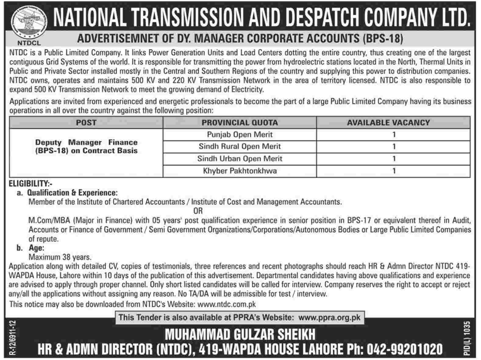 Deputy Manager Finance Required in National Transmission and Dispatch Company Ltd.