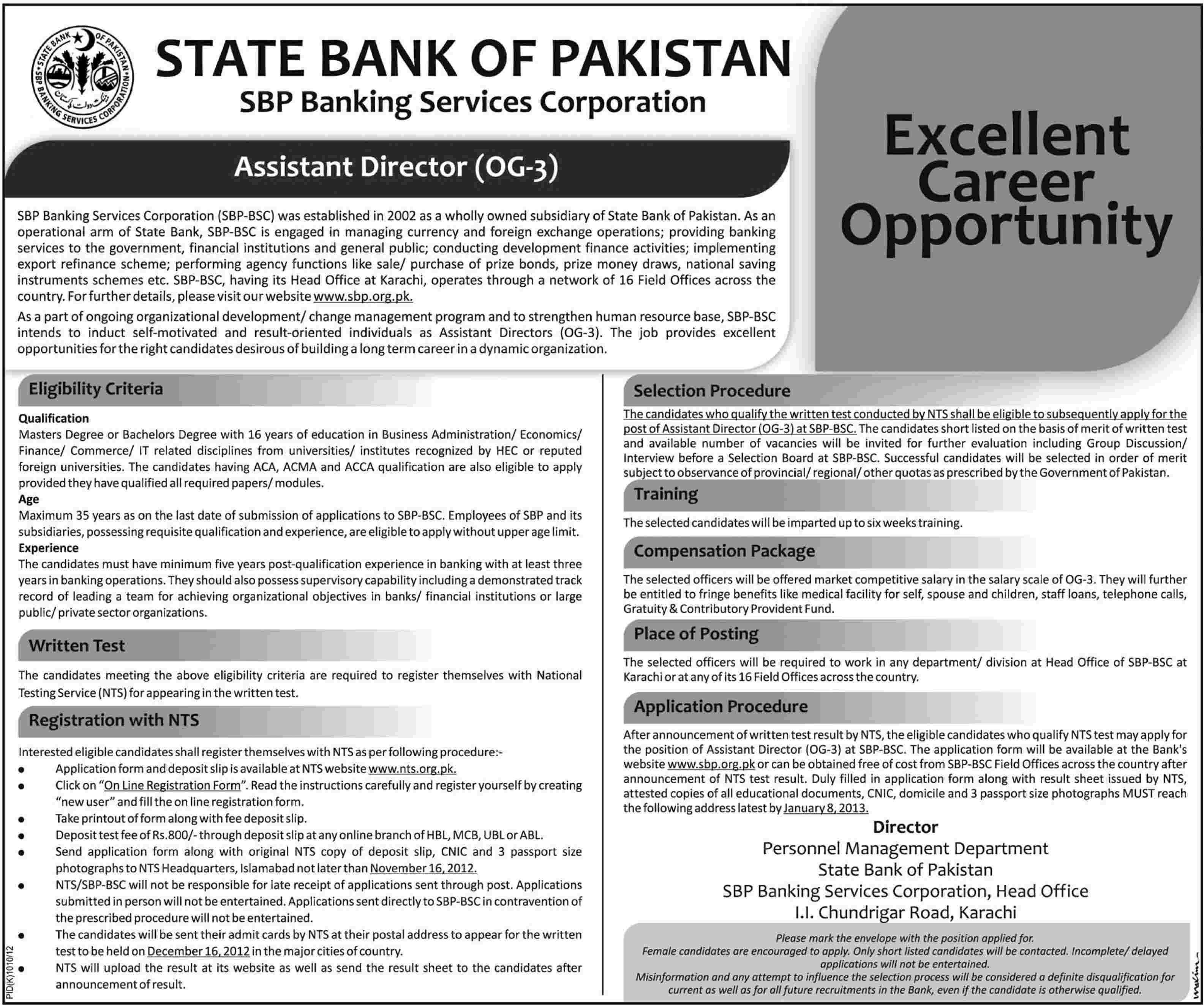 State Bank of Pakistan SBP Requires Assistant Directors (OG-3)