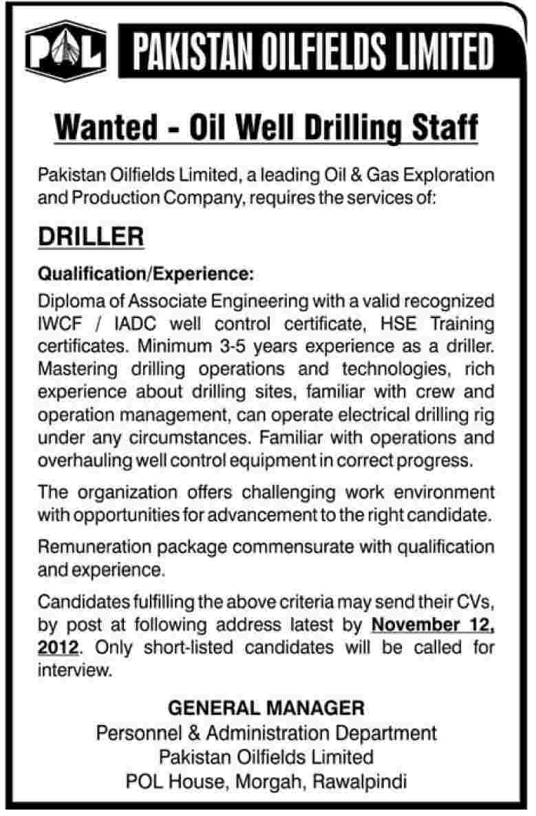 Oil & Gas Company Pakistan Oilfields Limited (POL) Requires Driller
